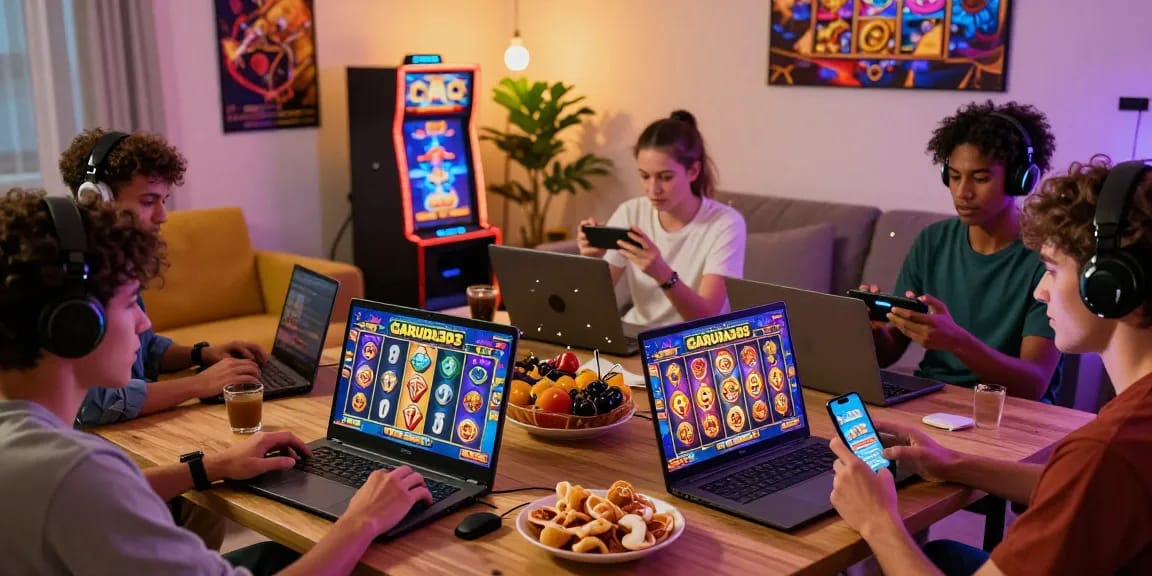 Players immersed in the GARUDA303 slot gaming experience in a cozy living room.