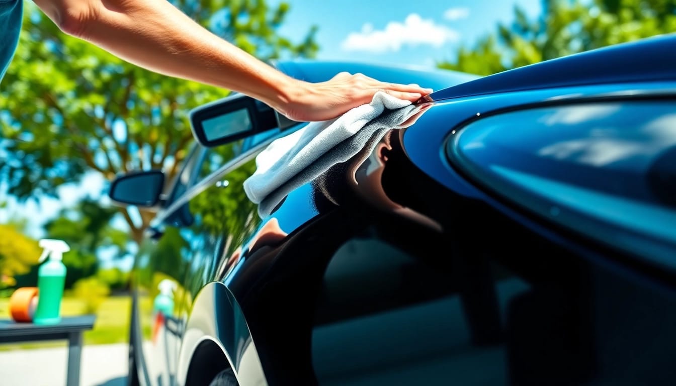 Mobile wax service enhancing shine on a black car, showcasing expert detailing in sunny conditions.