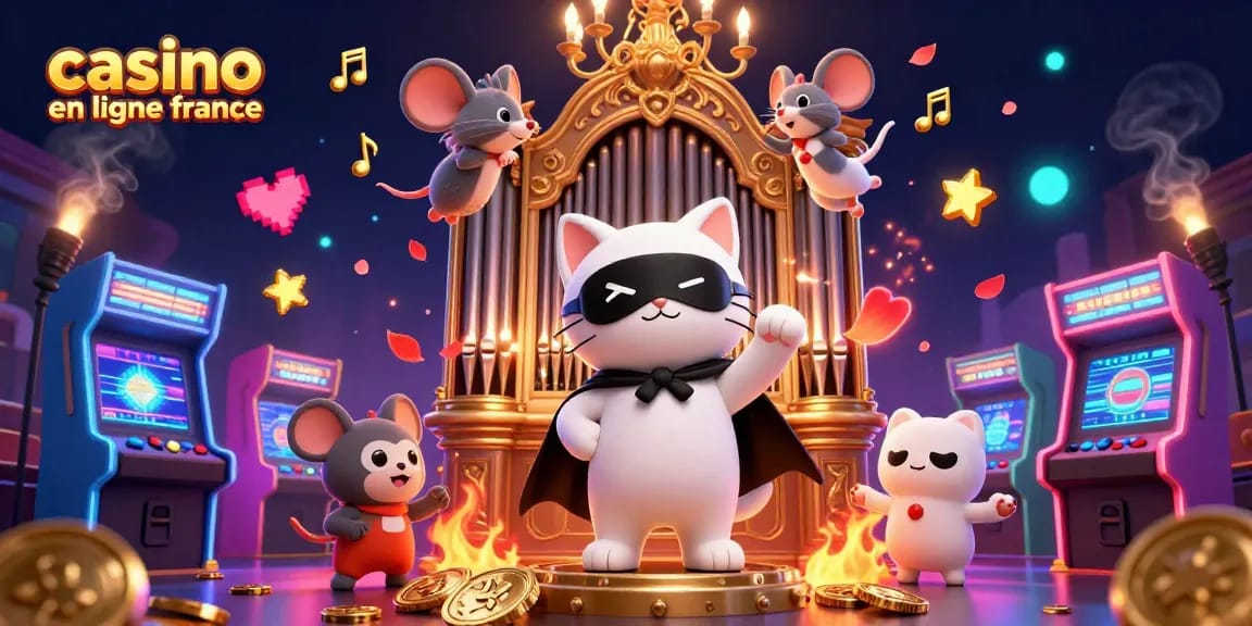 Jouez à casino en ligne France avec un chat masqué à l'orgue et un acrobate souris dans un cadre animé.