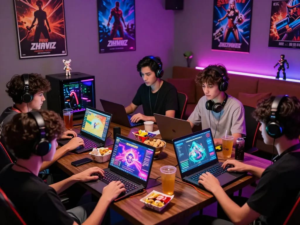 Group enjoying free sex games on laptops in a vibrant gaming lounge.