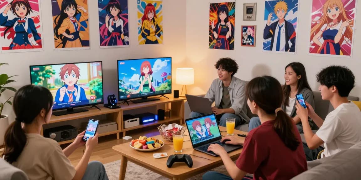 Menonton anime di AnimePlay dengan teman-teman, suasana yang nyaman dan menyenangkan.