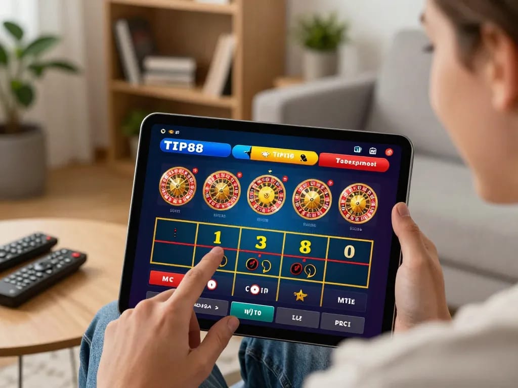 Engaged user exploring the TIP88 app showcasing live dealer games in a cozy home environment.