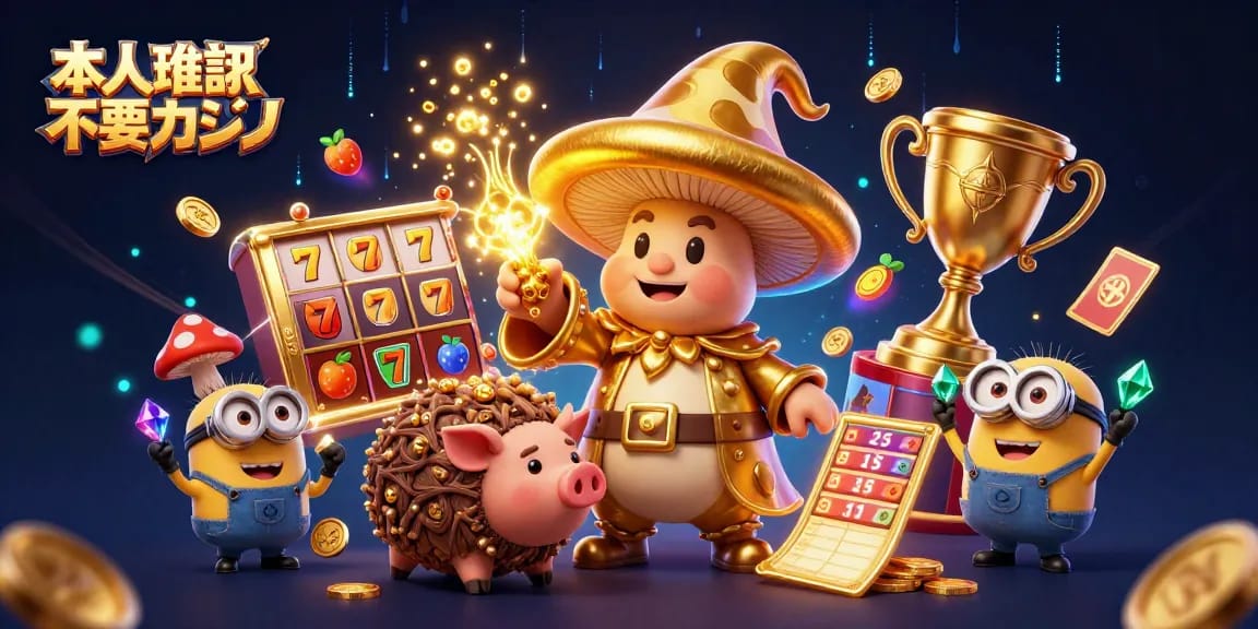 本人確認不要カジノでスロットリールやジャックポットカウンターが光るシーンを楽しむイラスト