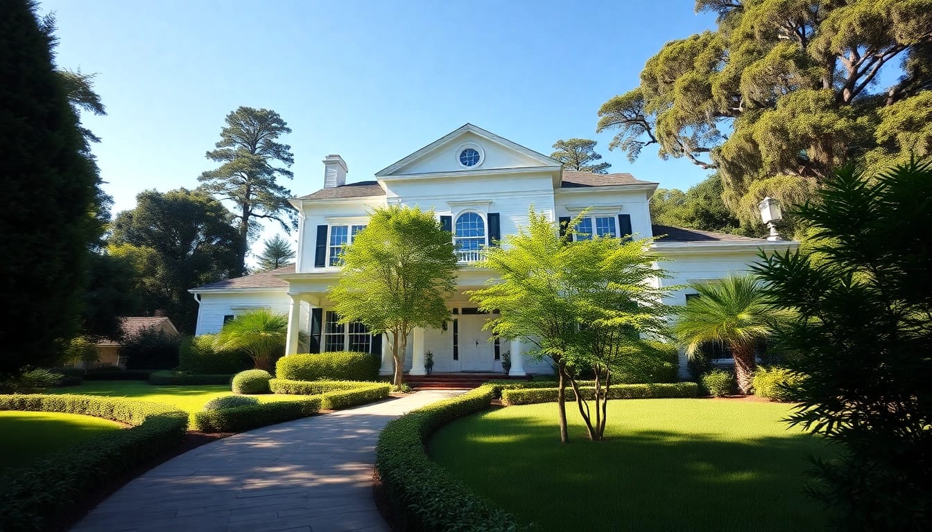 Captivating view of a colonial home build, showcasing its elegant architecture and inviting gardens.