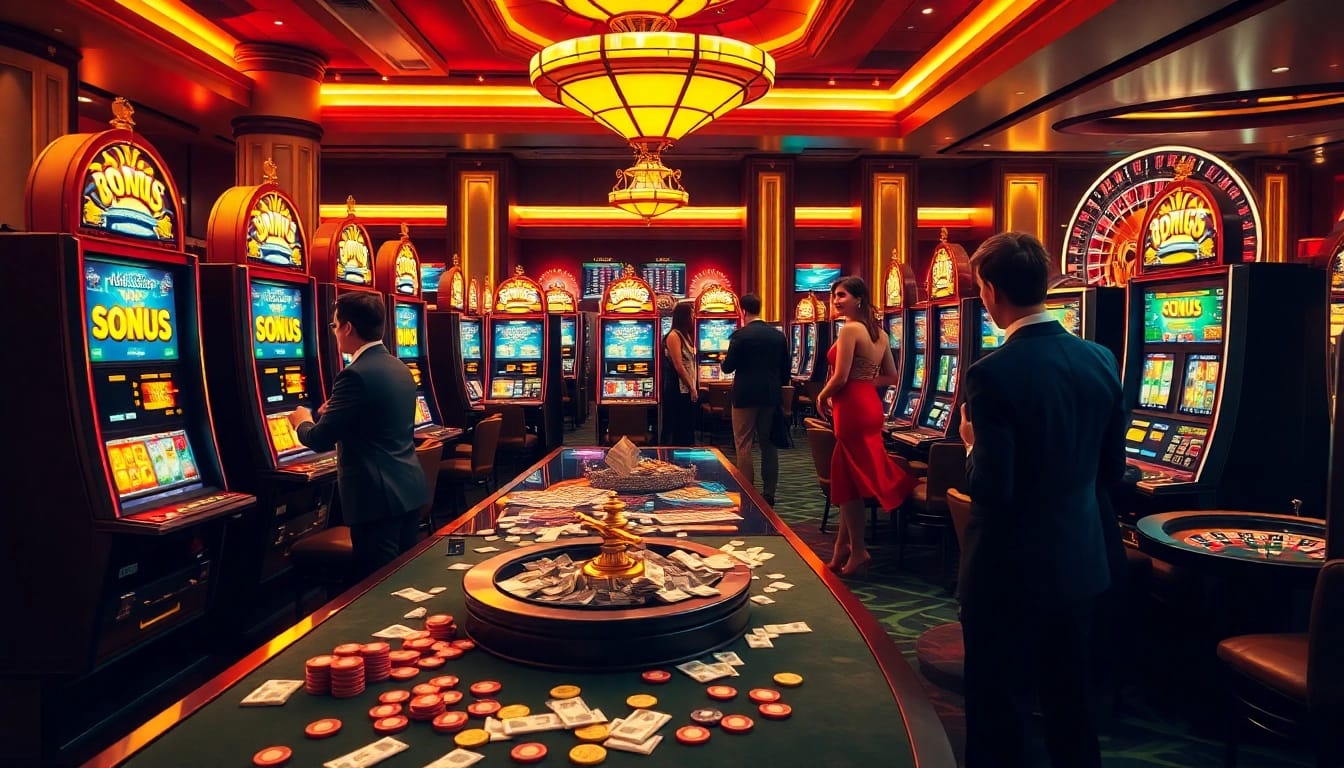 Mainkan permainan bonus slot yang seru dengan mesin yang berwarna-warni dan pemain dalam suasana kasino yang glamor.