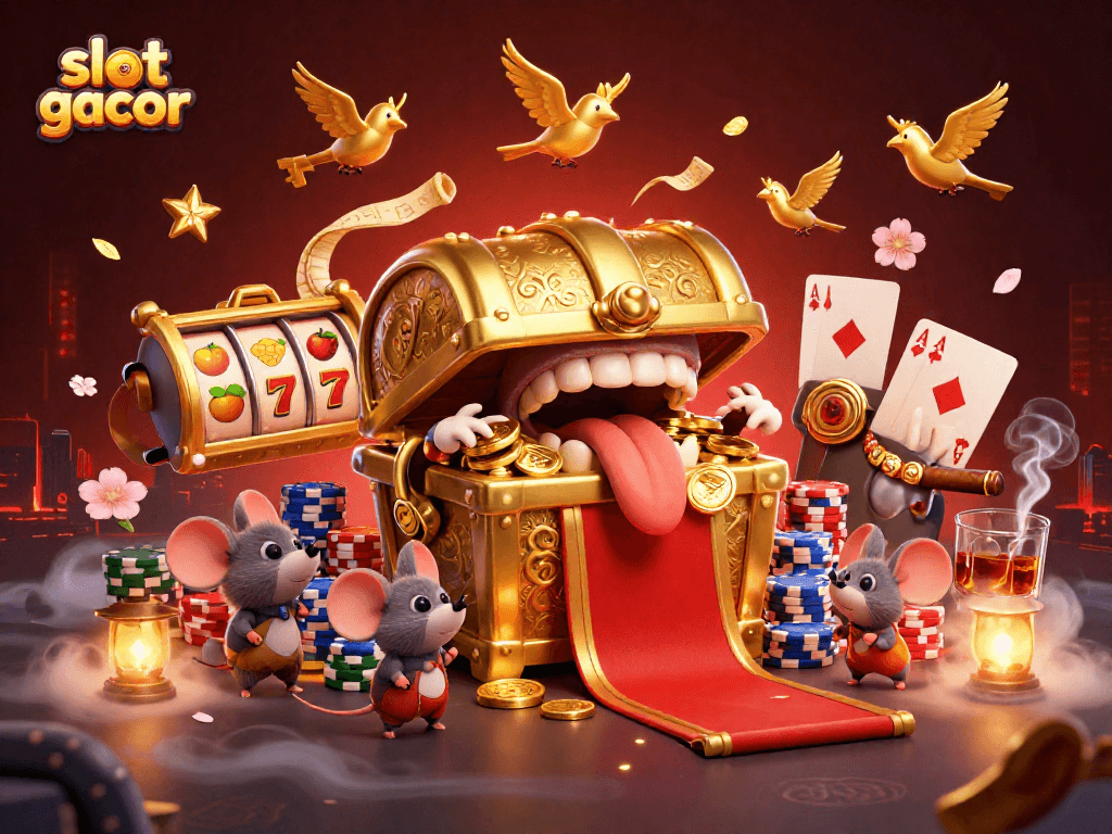 Pemain slot gacor meraih kemenangan dengan simbol buah cerah di latar belakang atmosfer kasino yang mengesankan.