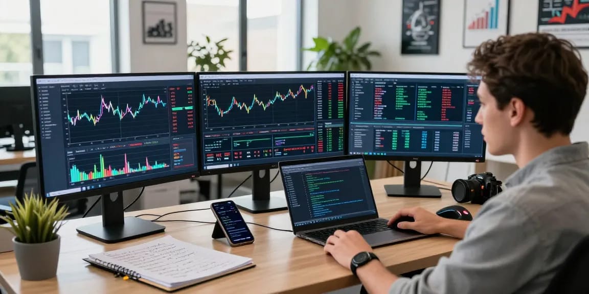 Trader analyzing MetaTrader 5 interface on multiple screens in a modern workspace.