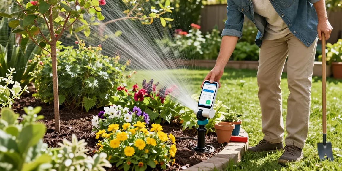 Homeowner using the rainpoint sprinkler timer app in a lush garden, adjusting watering settings.
