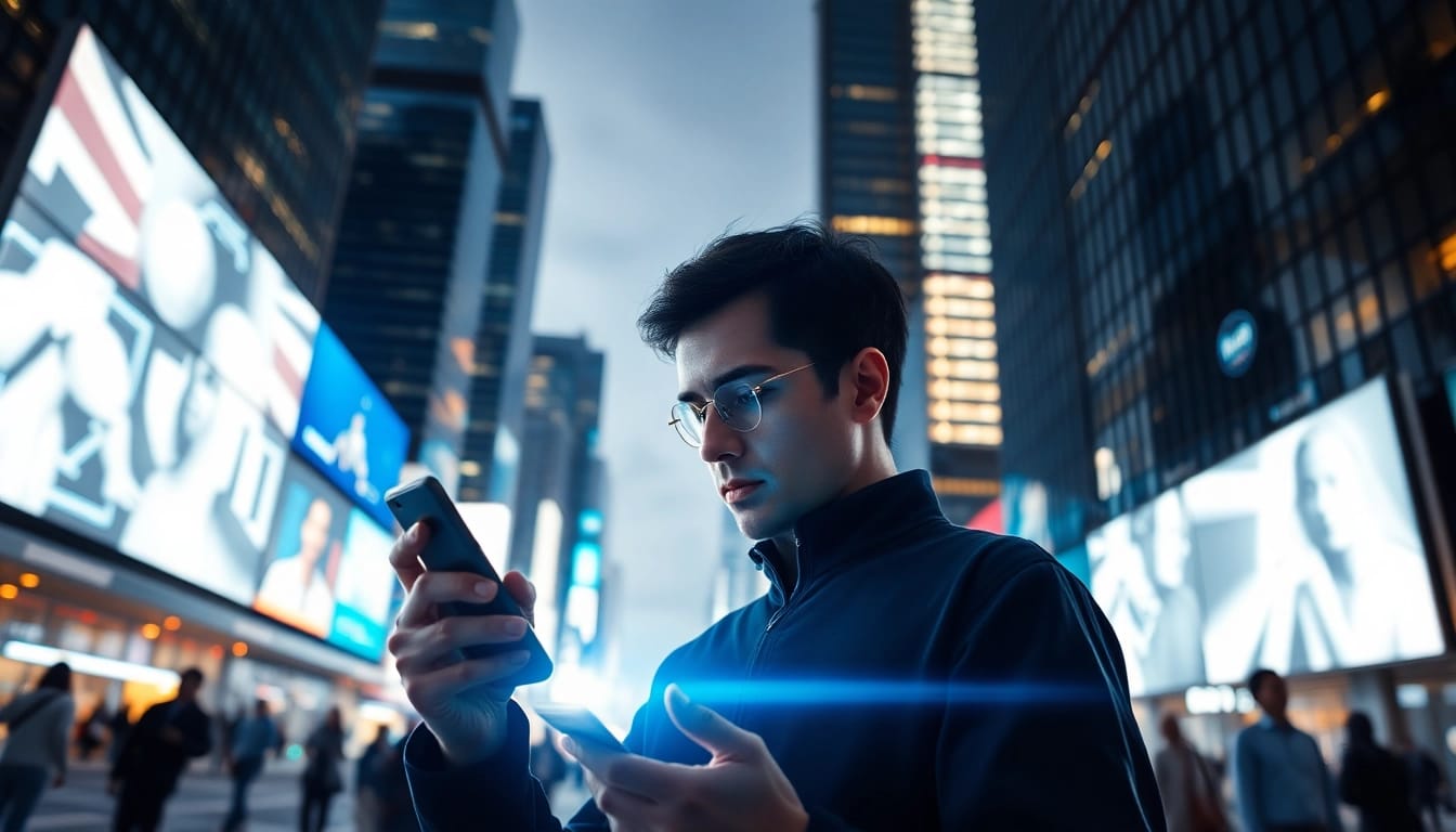 Explore technology's influence with https://mohamedmmblog.tech, showcasing a modern user in a vibrant urban setting.