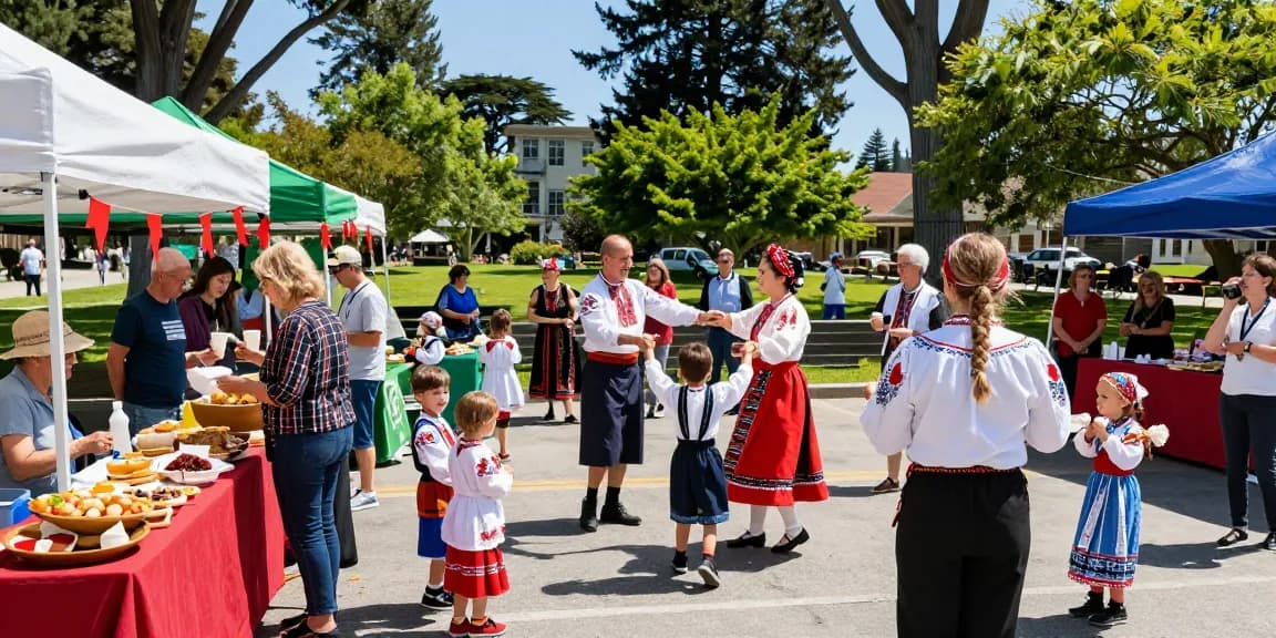 Polish community gathering in San Francisco at https://www.sfpol.com/ with families enjoying traditional food and folk dances.