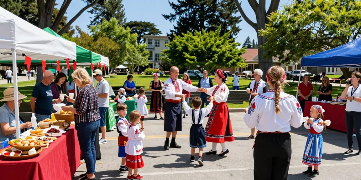 Polish community gathering in San Francisco at https://www.sfpol.com/ with families enjoying traditional food and folk dances.