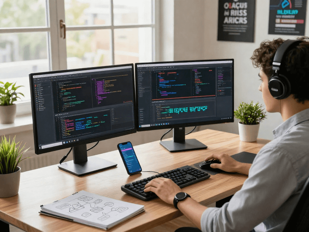 Engaging nsfw ai software developer at modern desk with dual monitors, coding environment filled with tech essentials and natural light.