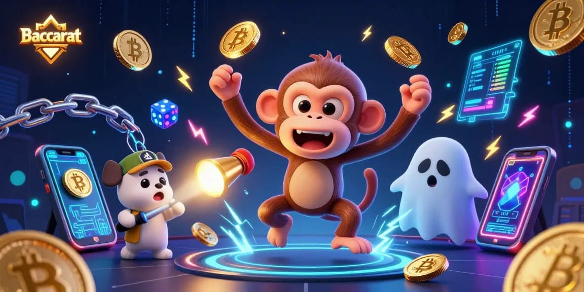 Baccarat games featuring a playful ghost and crypto elements in a vibrant casino scene