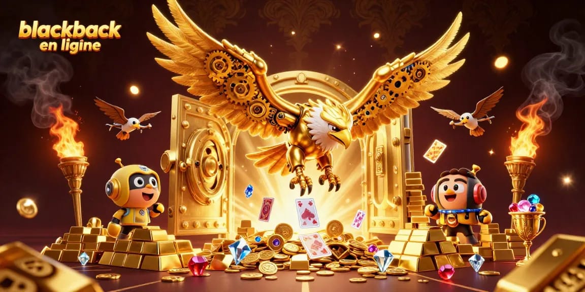 Jouez au blackjack en ligne avec une illustration animée de jeux de cartes et un aigle robotique doré.