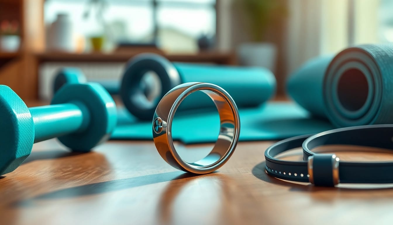 Health Ring showcased on a fitness tracker amidst workout gear, emphasizing wellness.