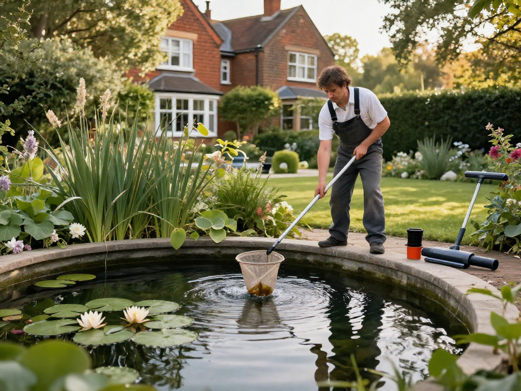 Pond Cleaning London: Professional cleaning services maintaining a beautiful suburban garden pond.