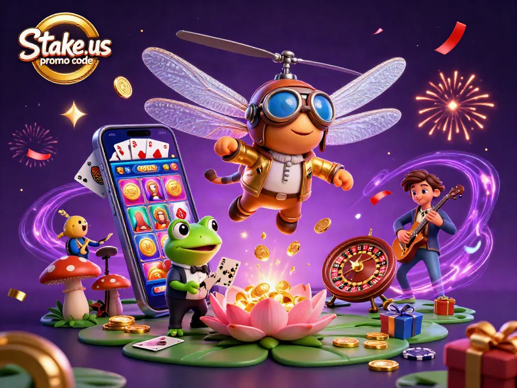Engage with exciting offers using stake.us promo code in a vibrant casino scene with colorful characters.