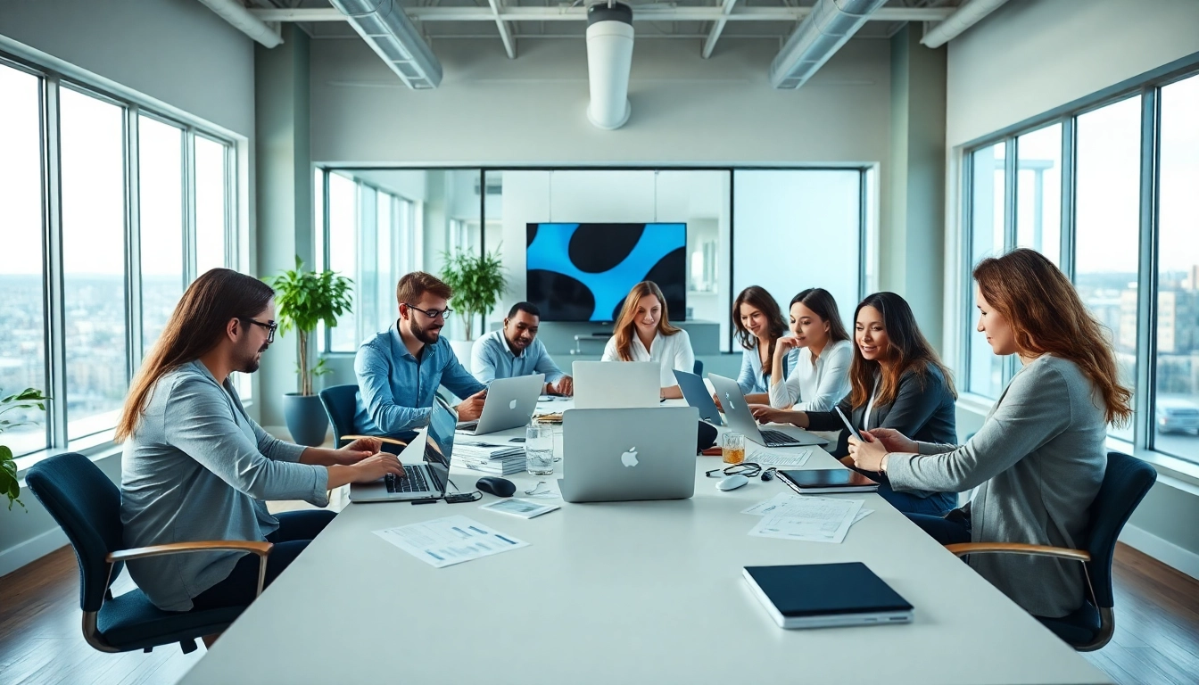 Team collaboration at a digital marketing company workspace showcasing innovation and professionalism.