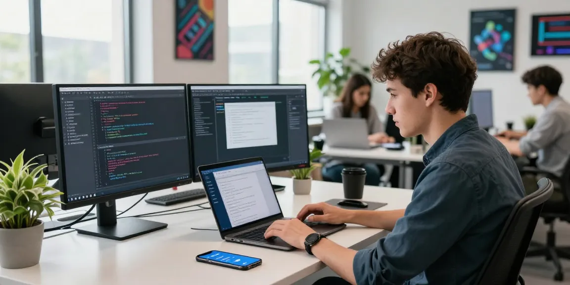 Workspace with developer using 纸飞机下载 on laptop, showcasing innovative software solutions.
