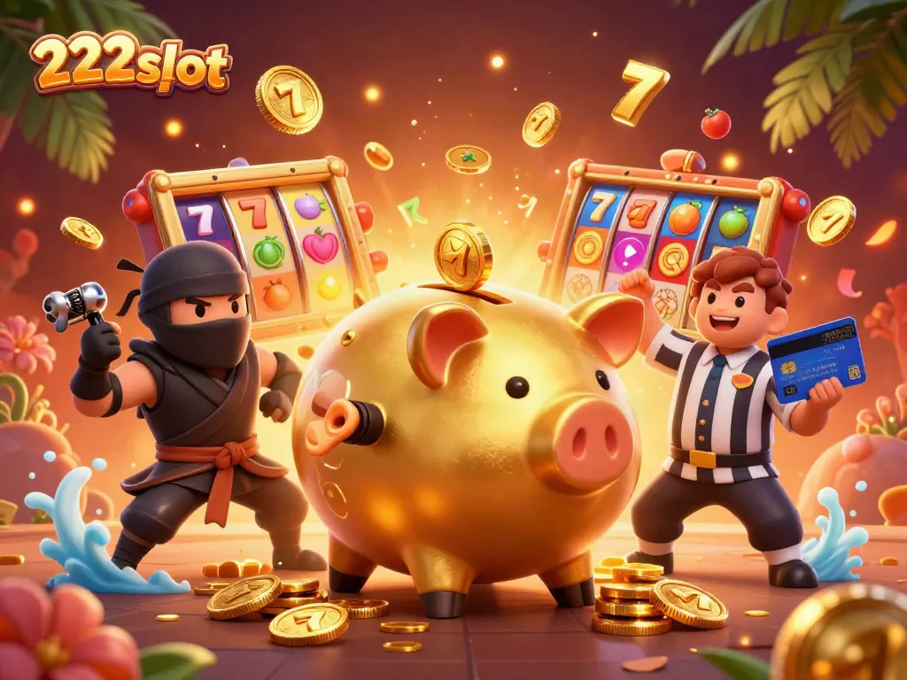 Permainan slot 222slot dengan karakter unik, menampilkan sumo piggy bank dan ninja di meja penuh simbol keberuntungan.