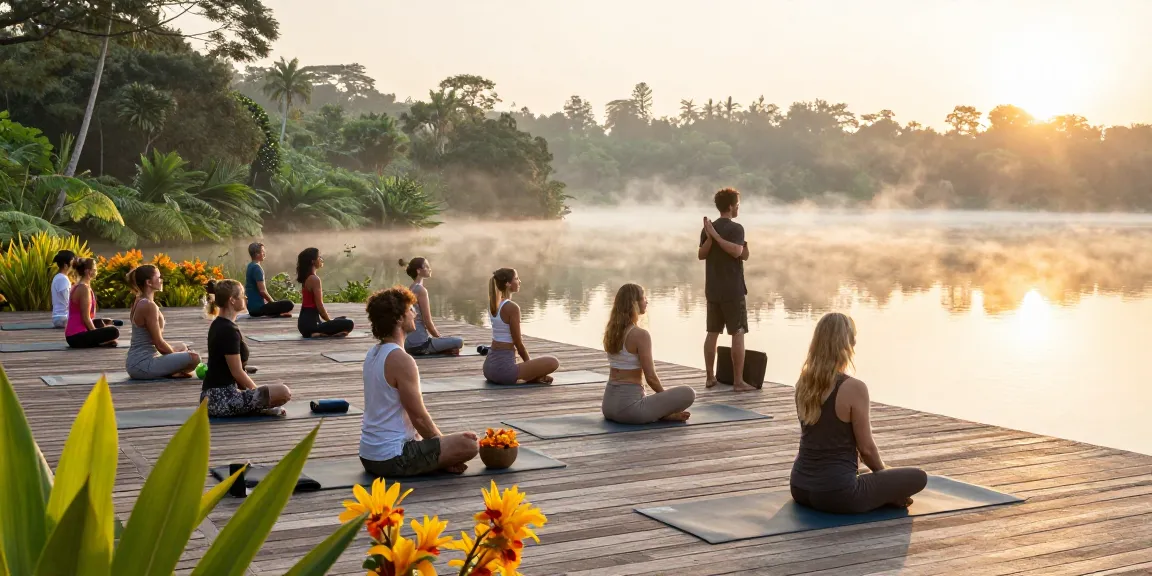 Morning yoga practice at Lanka Yoga for the 200hr hatha YTT sri lanka in a serene lakeside setting.