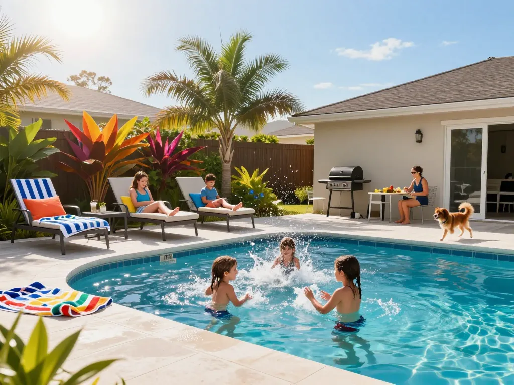 Dolphin Pool Services showcased in a vibrant family enjoying a sunny day at their pool, emphasizing relaxation and joy.
