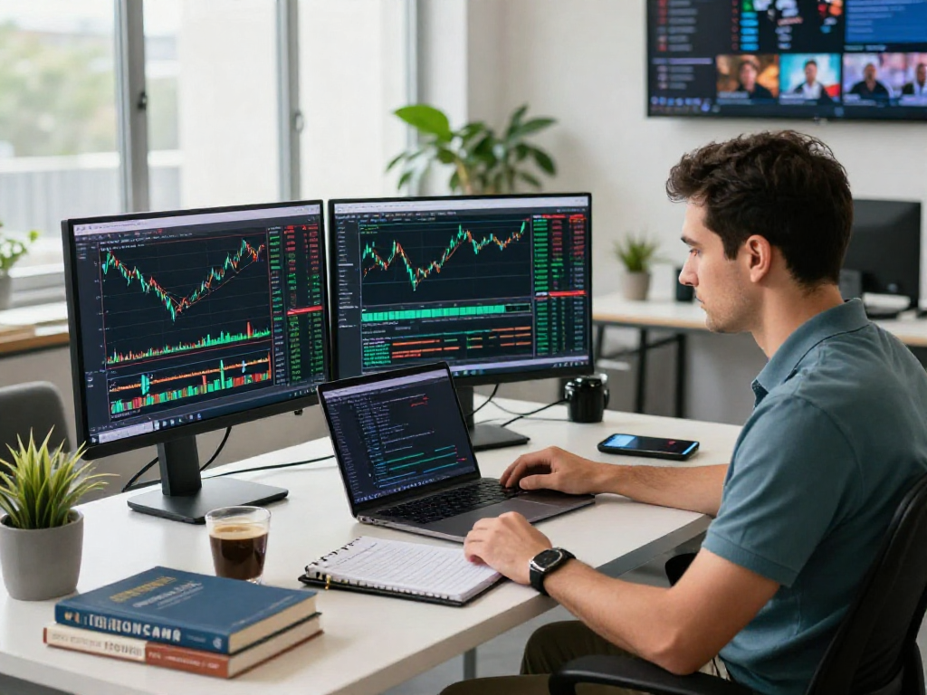 在TradingView官网上,交易者使用双显示器分析市场数据的动态工作场景。