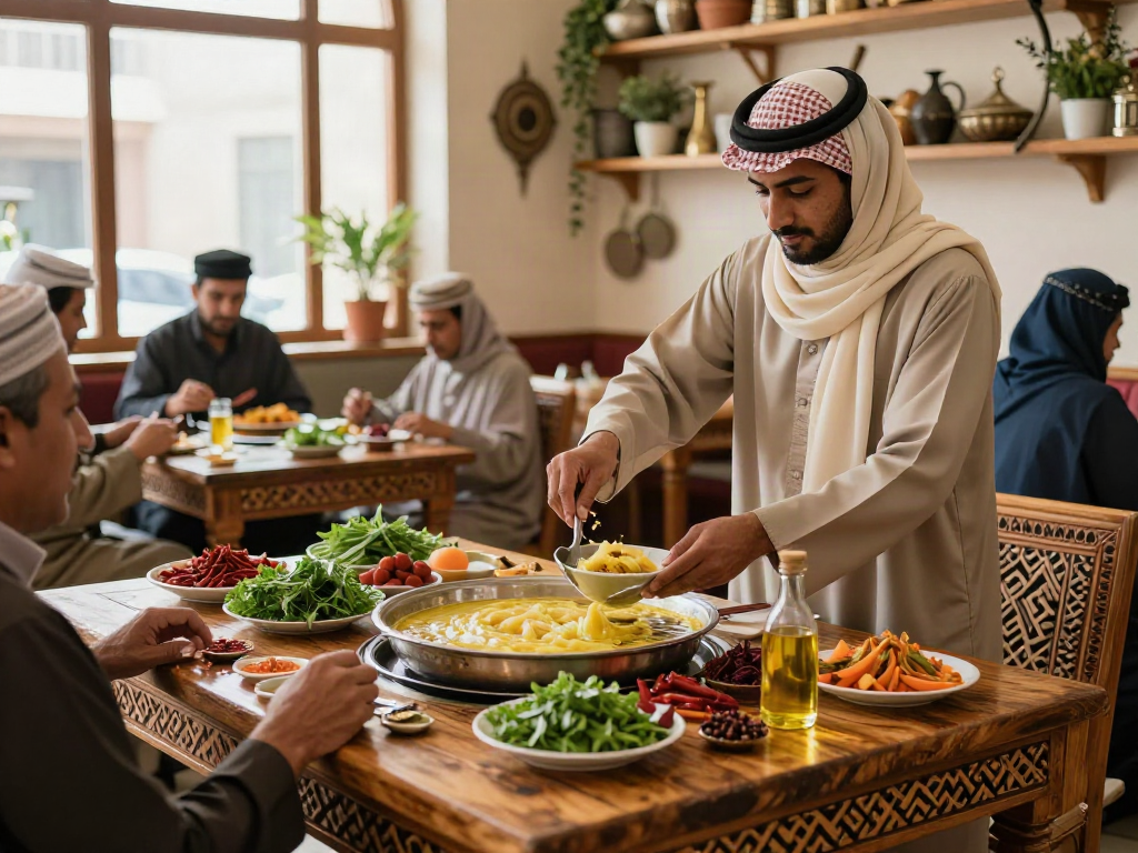 قھوجیین وصبابین الریاض يُعدّون وجبة شهية في مقهى تقليدي يجسد الثقافة السعودية.