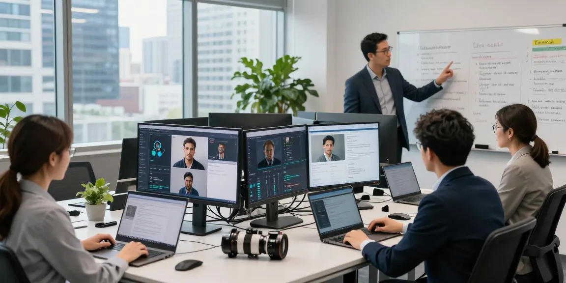Team using ai detector for content moderation in a modern office.