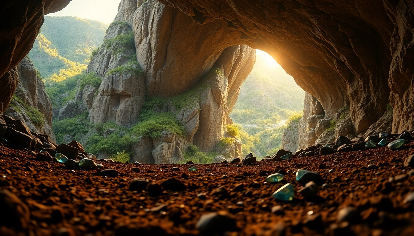 Explore the treasures hidden within King Solomon's Mine, featuring a captivating cave entrance and sparkling gems.
