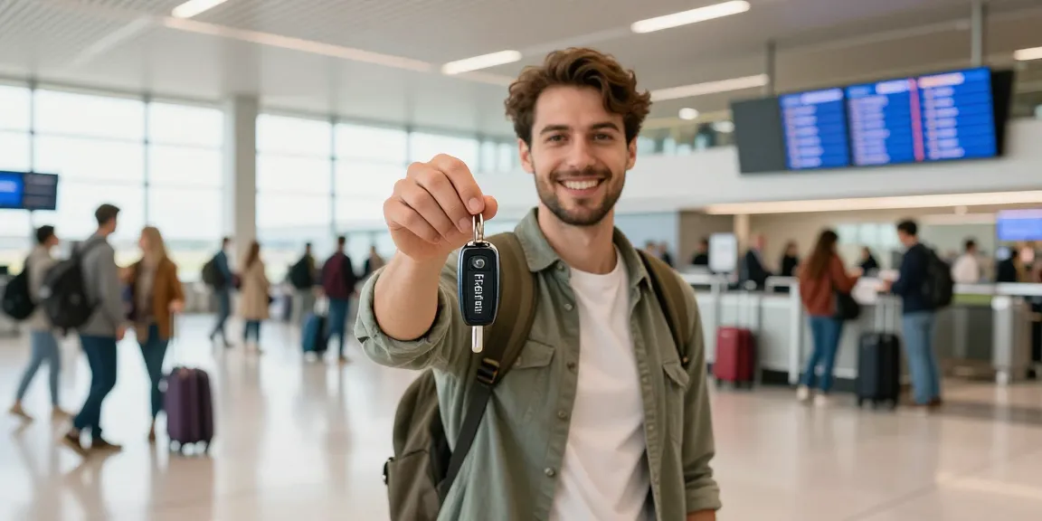 Rent a car Chisinau airport: A traveler holding FlexRent car keys in vibrant airport