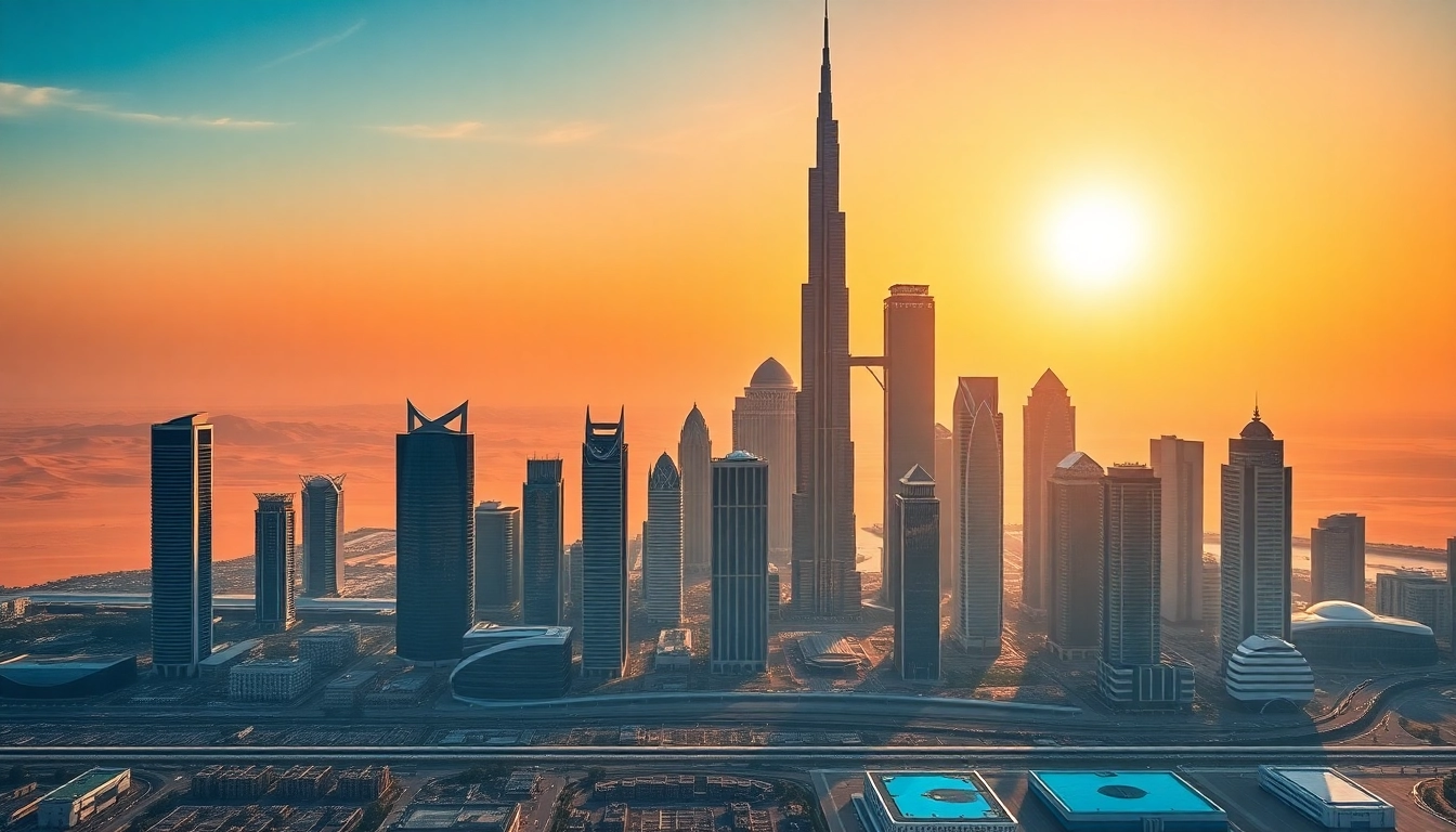 Urban skyline of City Life Dubai featuring iconic architecture and vibrant sunset.