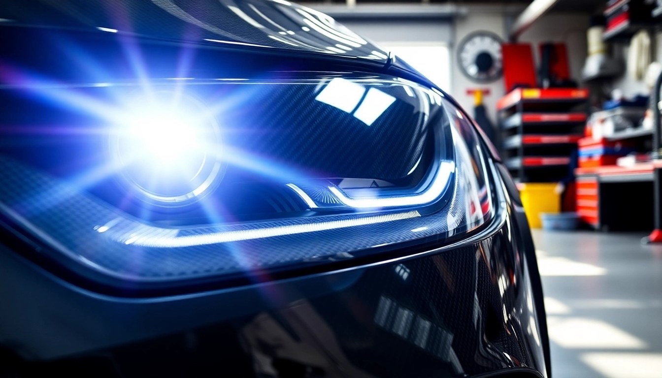 RVNG Dry Carbon Fiber Headlight Delete showcased on a sleek car in a bright workshop.