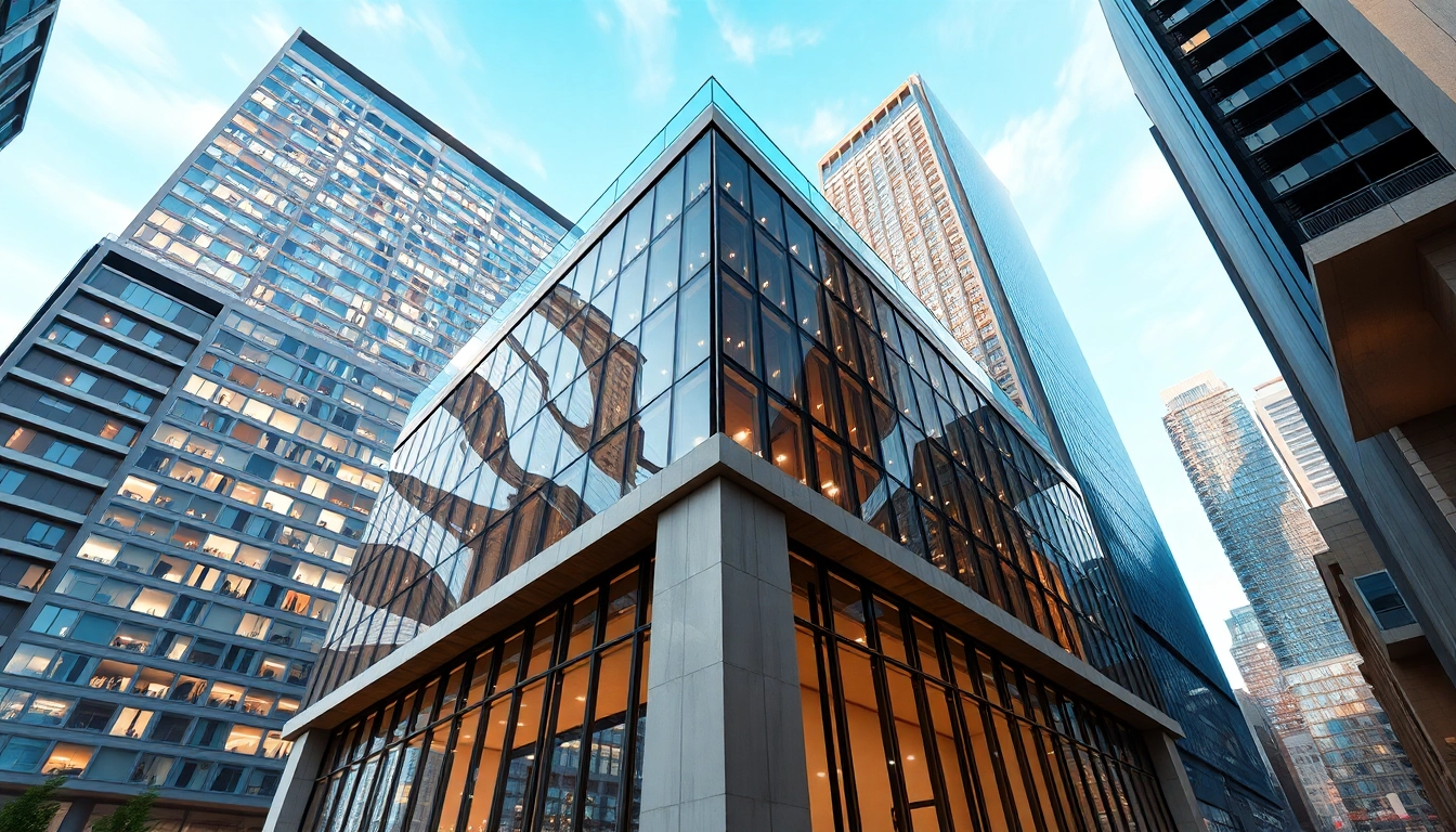 3D Visualisierung erstellen einer modernen Architektur in einer urbanen Umgebung.