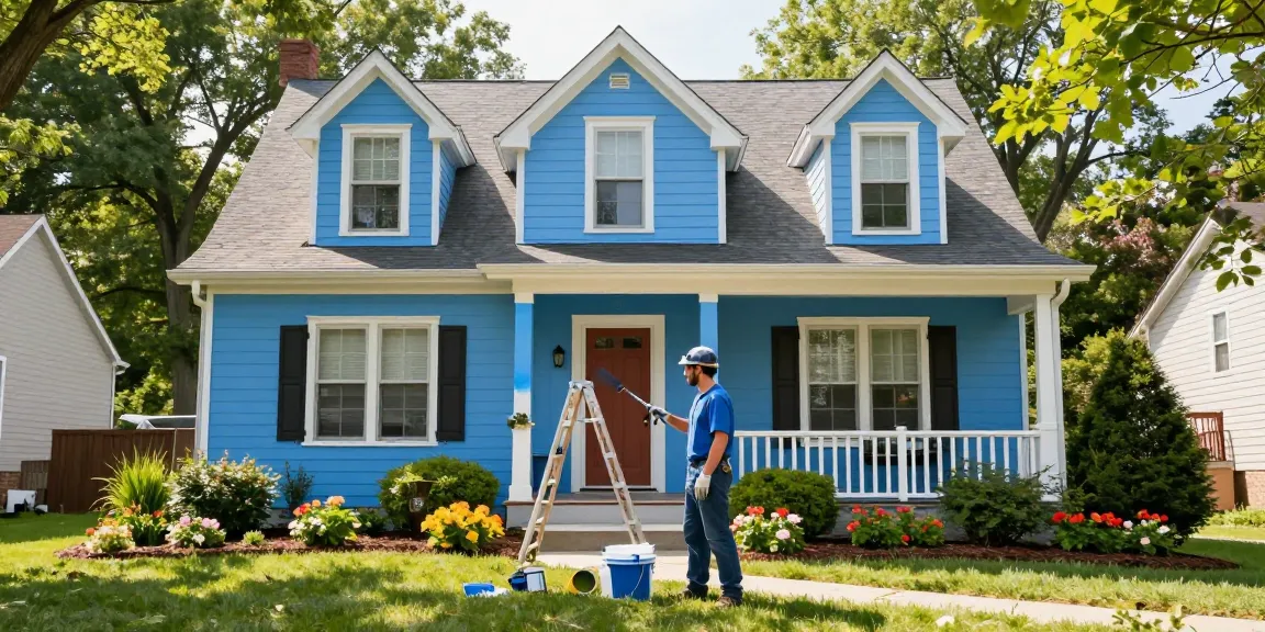 House painters Columbus Ohio painting a charming home exterior with vibrant colors amidst a beautiful garden.