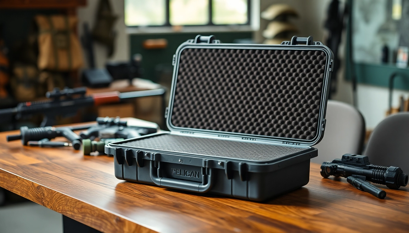 Showcase of a pelican rifle case with tactical gear, highlighting its durable protection features.