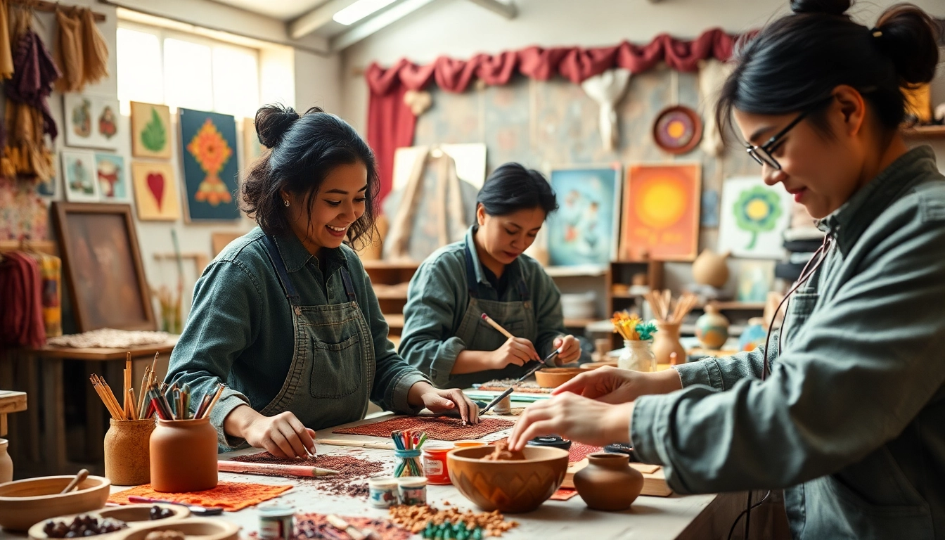 Engage in craft training programs featuring artisans in a colorful workshop showing various crafts.