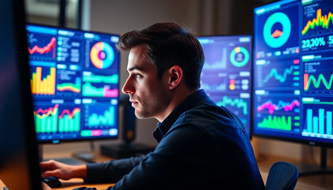 Engaged professional analyzing sales enablement content tracking data on vibrant dashboards.