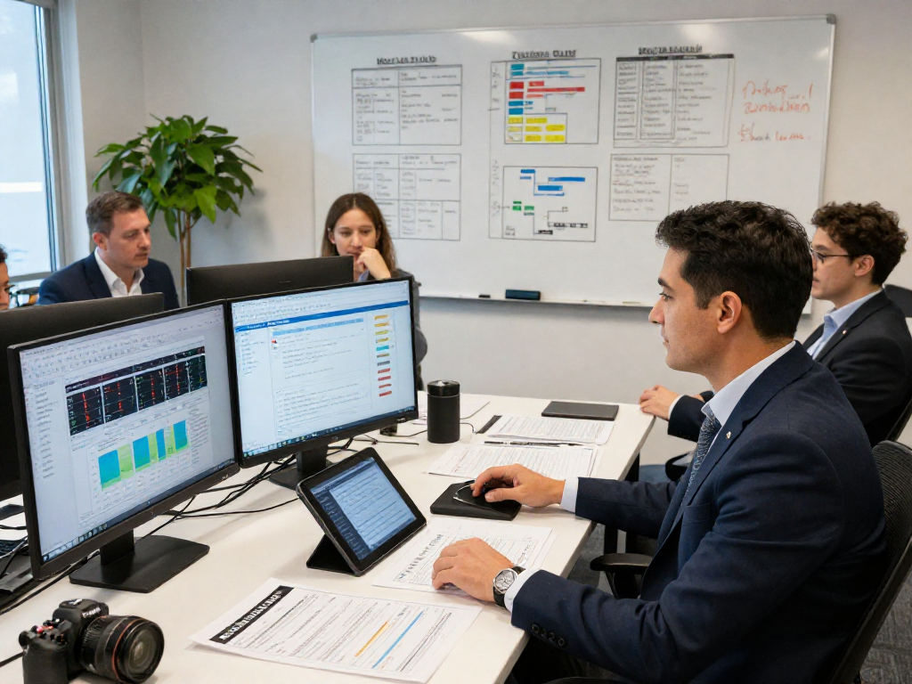 Strategist analyzing campaign media buying services data in a professional office environment.