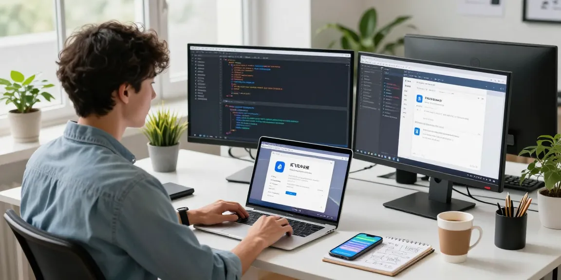 The workspace showing a developer using the 纸飞机中文版 app with dual monitors and natural light for a productive tech environment.