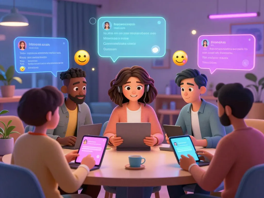 Interactive scene showcasing sex chat AI with diverse chatbots and users in personalized conversations, reflecting modern digital companionship.