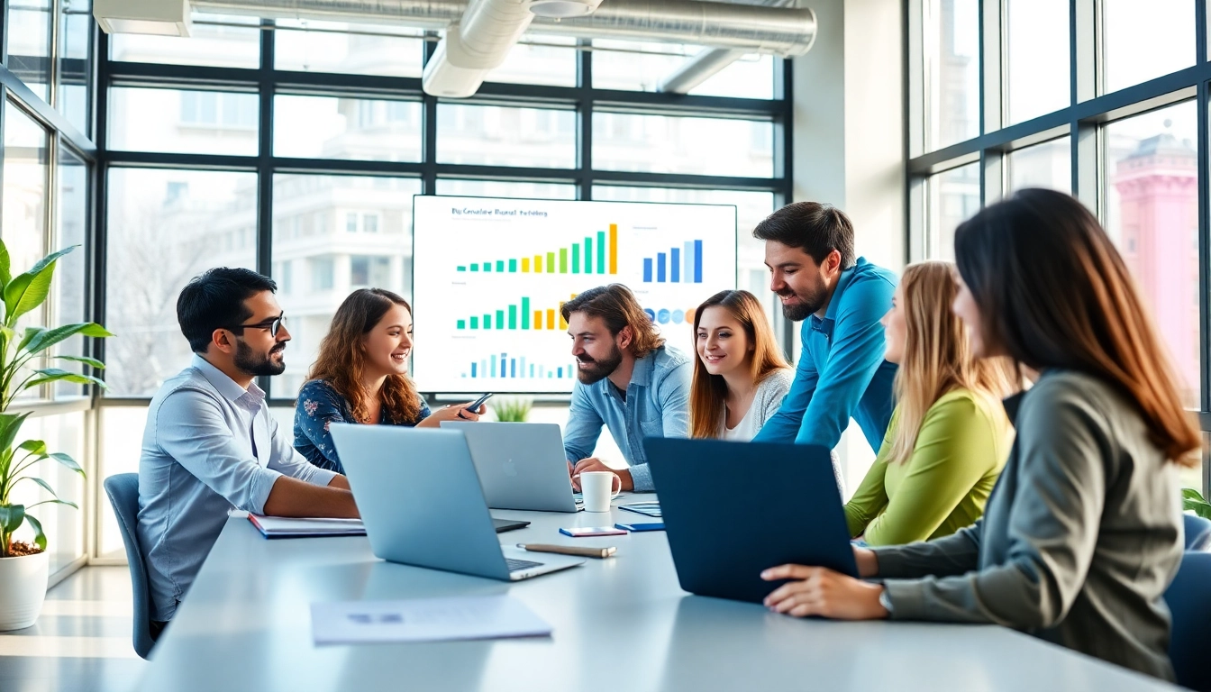 Engaging digital marketing company team collaborating in a bright workspace.