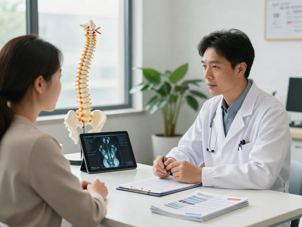 Informed discussion on Bel fıtığı ameliyatı between a surgeon and patient in a modern clinic.