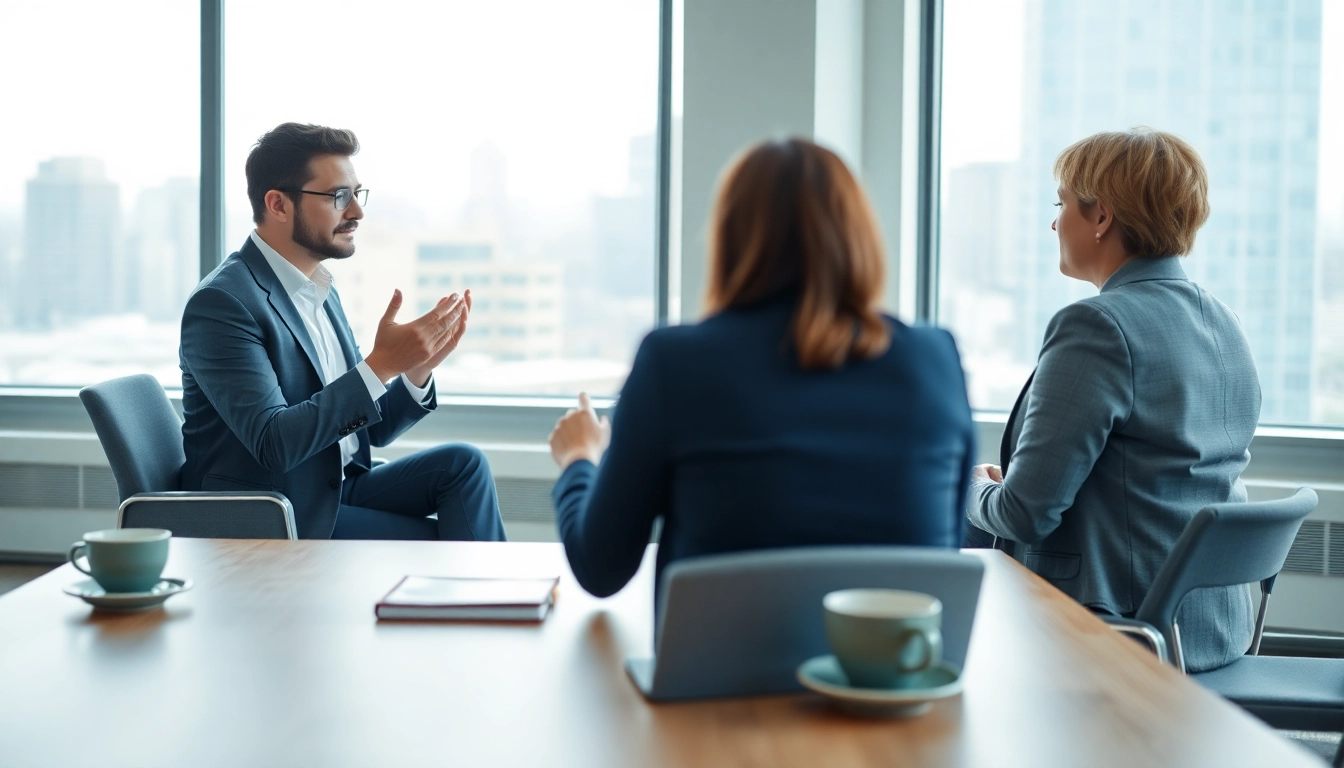 Mediation session in a bright conference room focusing on a mediator and two engaged parties.