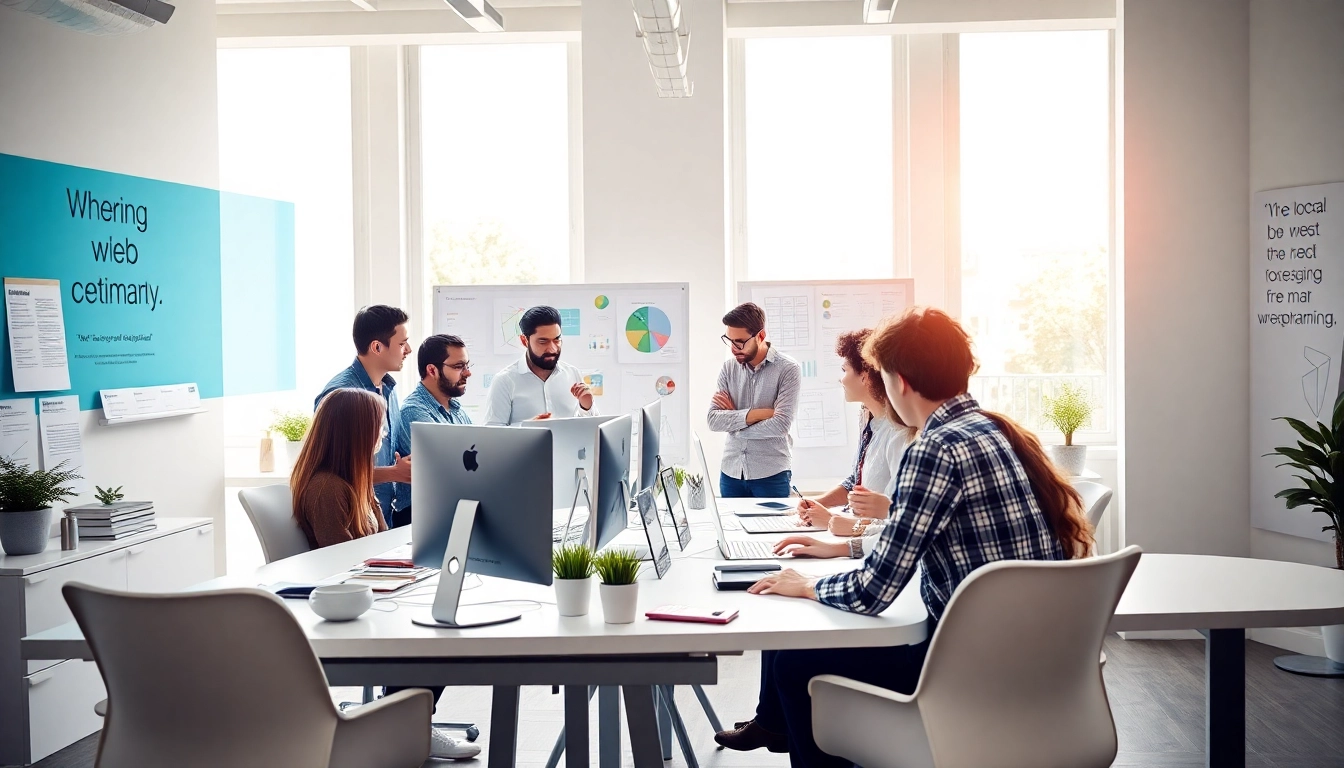 Webdesign Braunschweig: creative team collaborating on a digital project in a bright office.