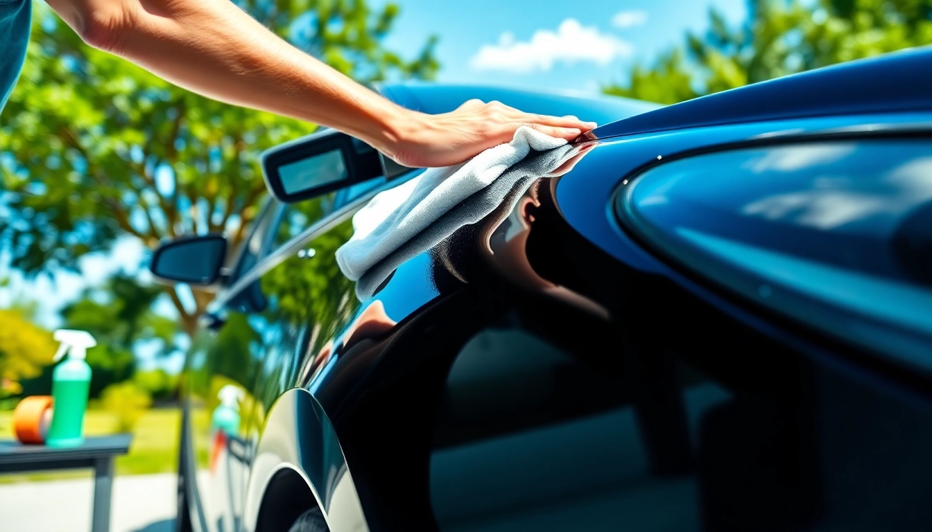 Mobile wax service enhancing shine on a black car, showcasing expert detailing in sunny conditions.
