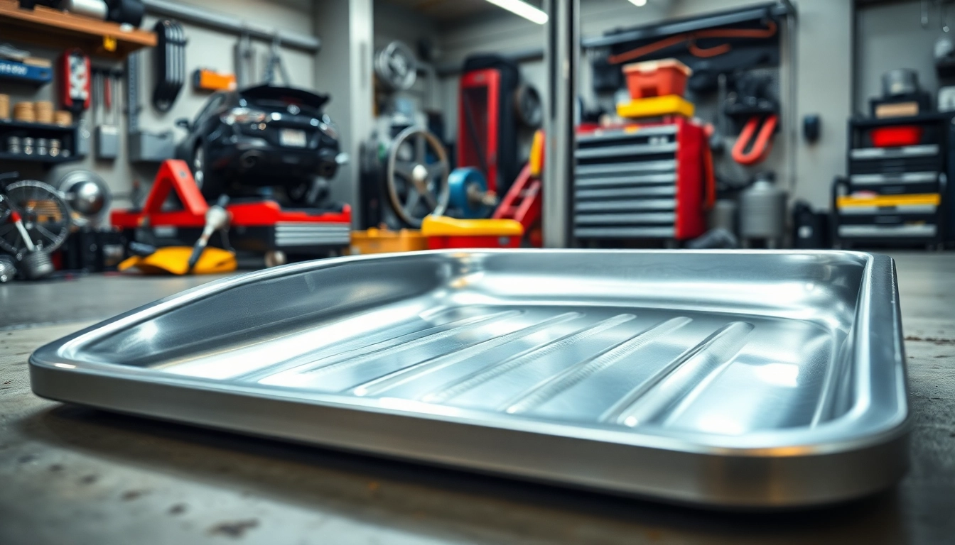 Effortlessly collect oil with a high-quality Oil Drain Pan in a well-lit garage setting.