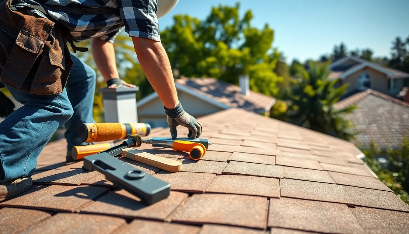 Roofer performing roof repair work on a home, showcasing new shingles and tools effectively.