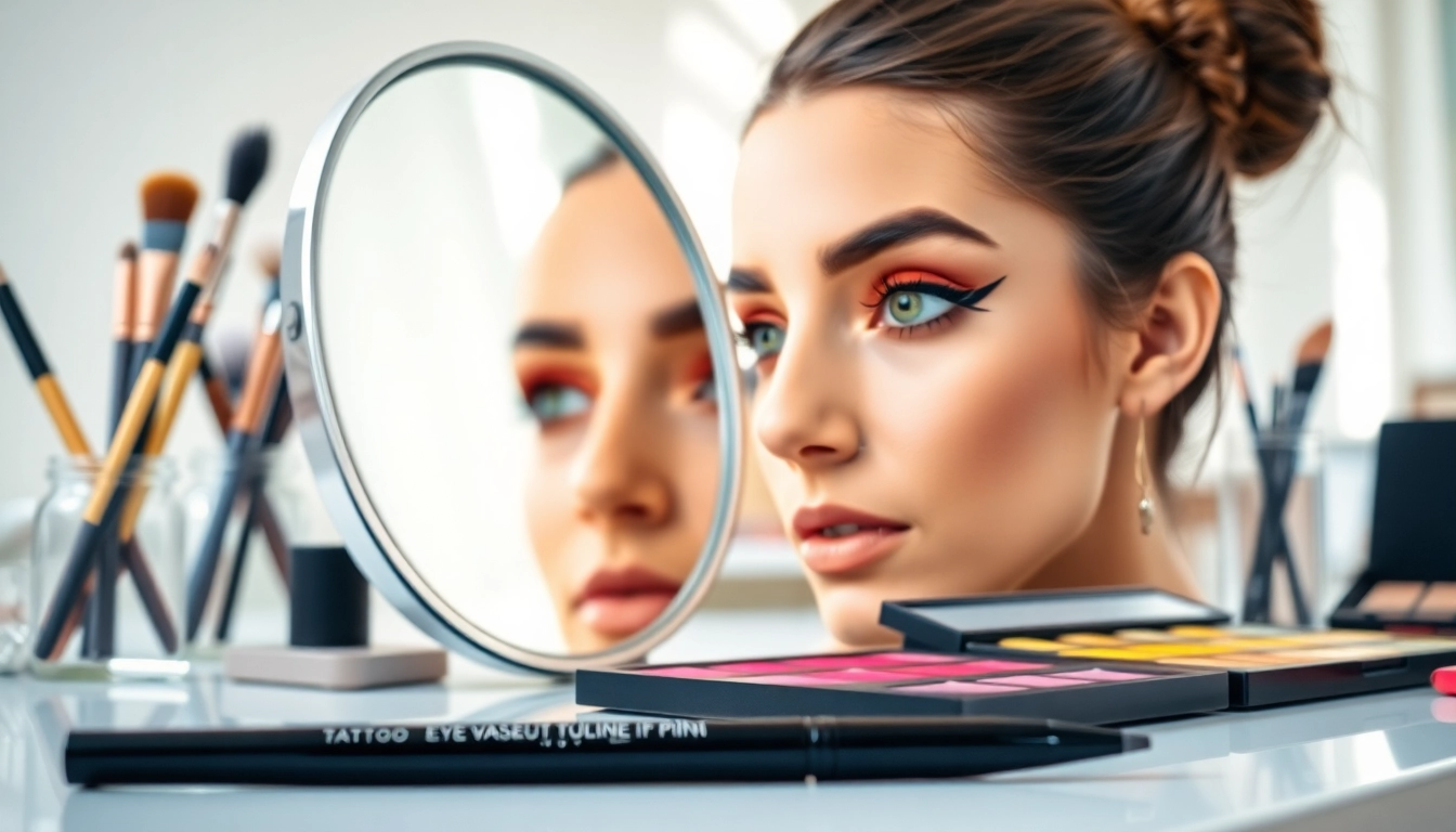 Applying tattoo eyeliner pen in a vibrant makeup studio with professional tools.