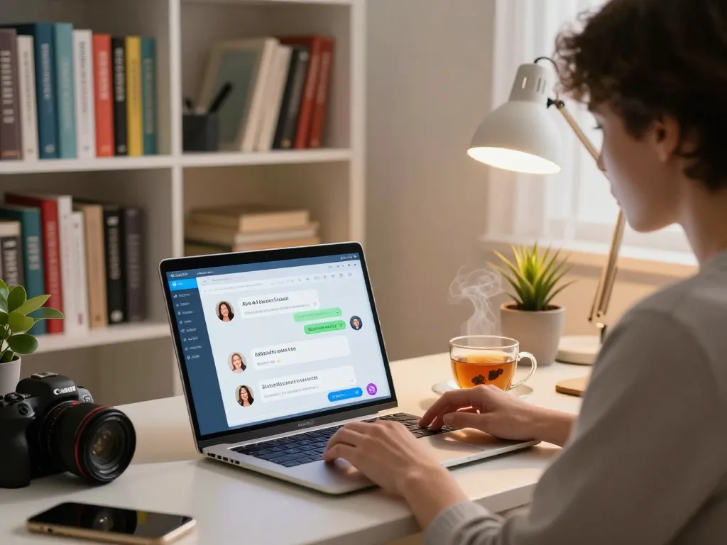 Engaging AI sex chat on a laptop in a cozy home office